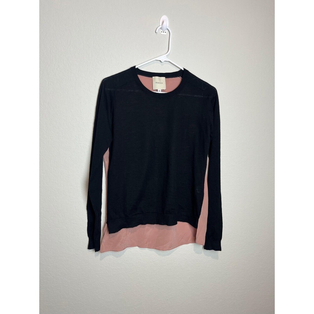 Mason Sweater Womens Size P Black Cashmere Silk Contrast Back Hem Long Sleeve